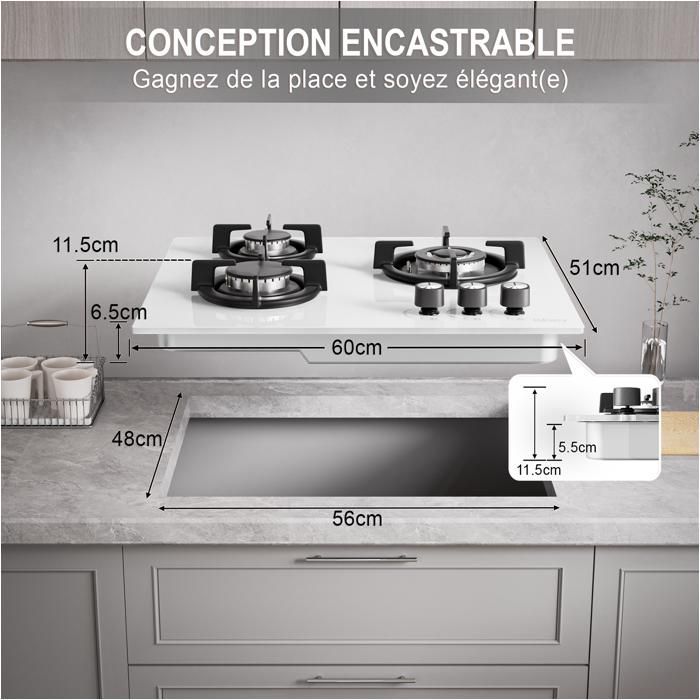 Gaskookplaat - ISEASY - 3 branders - Wit - 60x51 cm - Aardgas/Propaan/Butaan