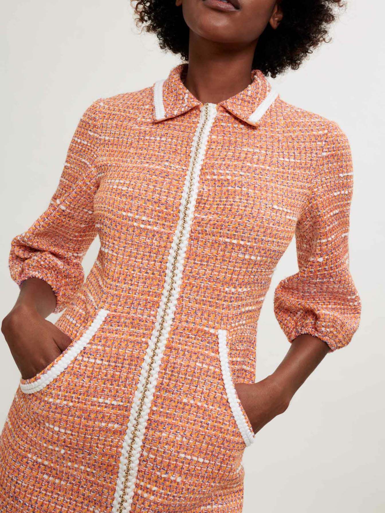 Rochie din tweed cu garnitură împletită - Portocaliu
