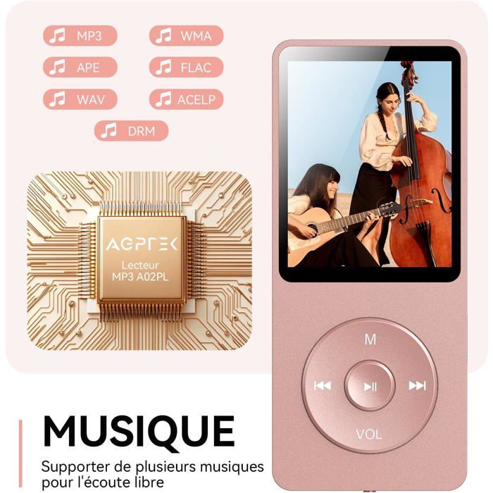 Reprodutor de MP3 com bateria de longa duração, reprodutor de música HiFi sem perdas de 16 GB, rádio multifuncional, compatível com cartão Micro SD de até 64 GB.