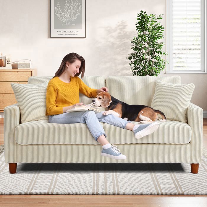 Sofá de 2/3 plazas en pana beige, estilo escandinavo, con 2 cojines y 2 almohadas para salón, 178×76×84cm