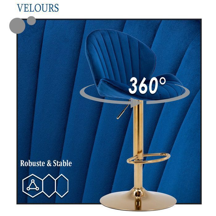Wahson Bar Stool Set of 2 Adjustable Bar Stools, High Bar Chairs with Metal Legs for Kitchen and Countertop, Velvet, Blue