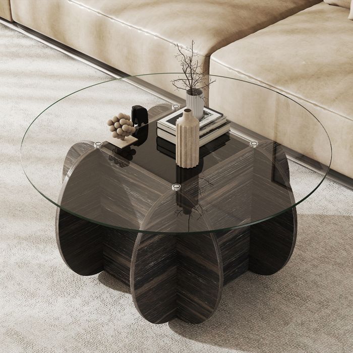 Mesa de centro redonda de 89 cm COSTWAY, tablero de cristal templado, base de madera maciza, compartimento de almacenamiento oculto, capacidad de carga de 100 kg.