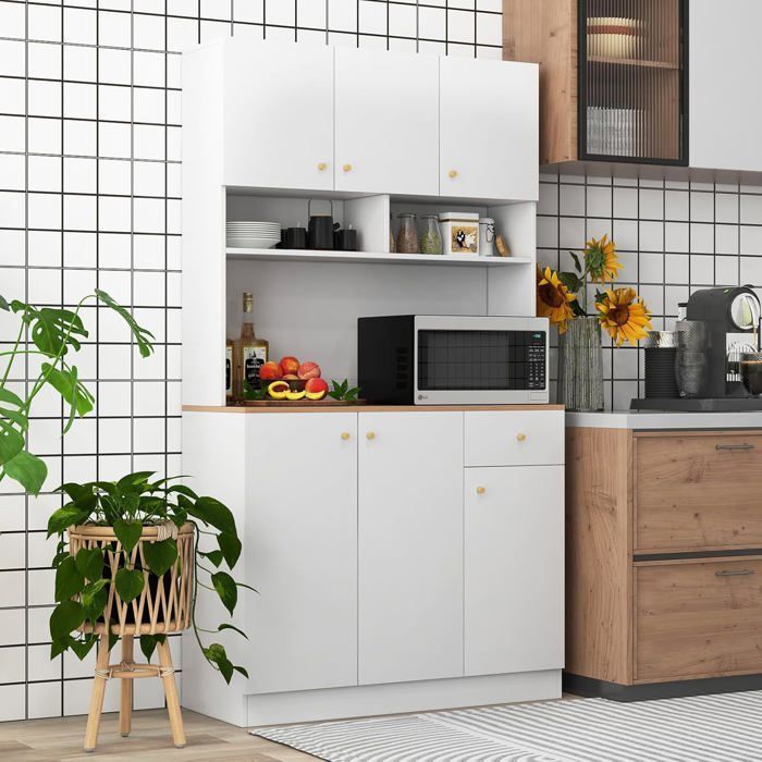 Aparador de cocina COSTWAY con enchufes, puertos USB, estantes ajustables en 3 posiciones y kit antivuelco, 100 x 40 x 181 cm