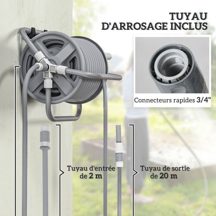 Dévidoir enrouleur tuyau d'arrosage - AKOZON - 9814 - 20m+2m - Buse 2-en-1 jet/douche - Montage mural/pose