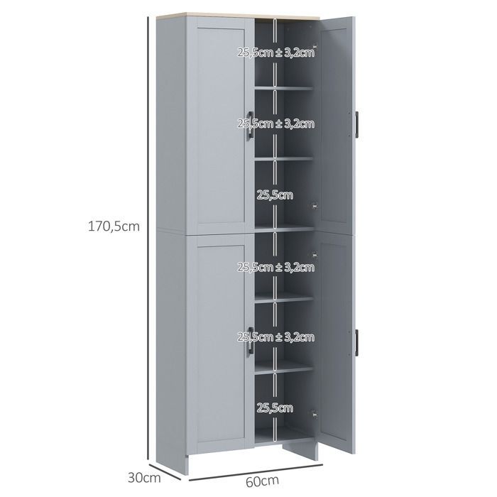 Mueble de cocina - HOMCOM - altura 170 cm - aparador alto con 4 puertas y estantes ajustables - diseño moderno - gris
