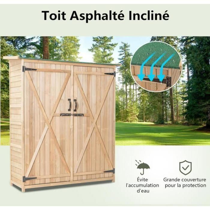 Houten tuinschuur - RELAX4LIFE - Dubbele deuren met sluiting - Hellend asfalt dak - 3 schappen - 140x50x162cm