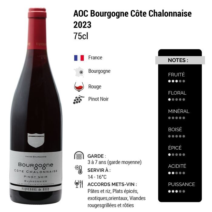 Cave des vignerons de Buxy Bourgogne Côte Chalonnaise Pinot Noir 2023 - Vino Tinto Borgoña (6x75cl)