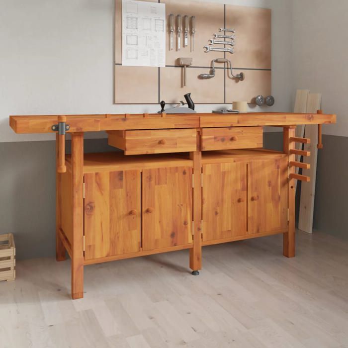 Banco de trabajo vidaXL con cajones y tornillos de banco 192x62x83 cm Madera maciza de acacia 153326
