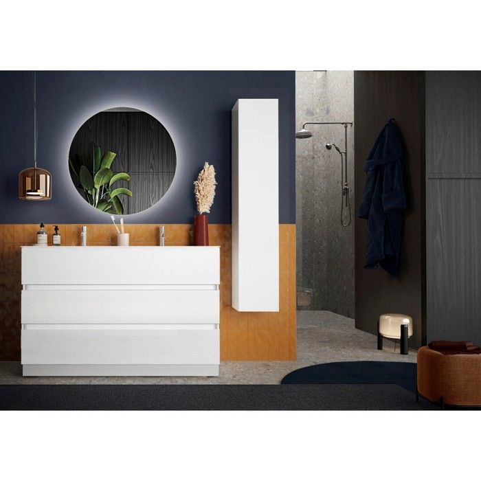Meuble de salle de bain avec deux vasques et 3 tiroirs, collection VIENNE. Coloris blanc brillant
