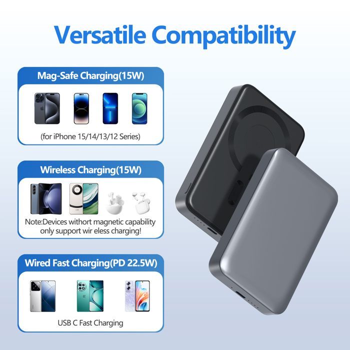 Batería externa magnética - 10000 mAh - Carga rápida - Puerto USB-C - Plateada