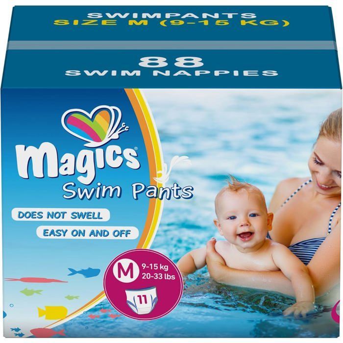 Pannolini da bagno Magics taglia M (9-15 kg) - 88 mutandine da bagno - 8 confezioni da 11 pannolini usa e getta per una protezione ottimale in acqua
