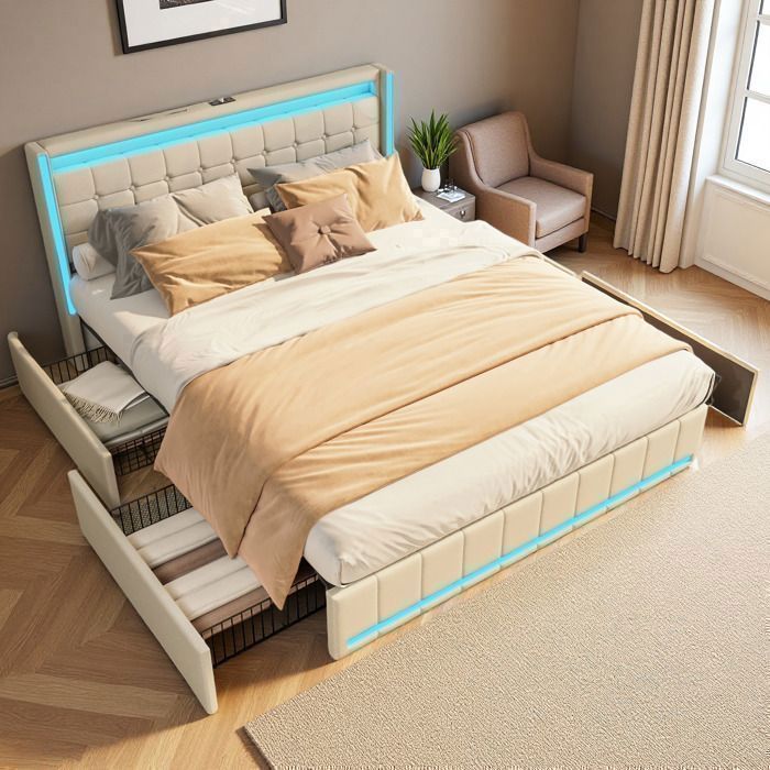 Lit 140x190 cm - COZY - LED - Tiroirs - cadre de lit double 140x190 cm - lit adulte 140x190 cm - tissu lin - beige
