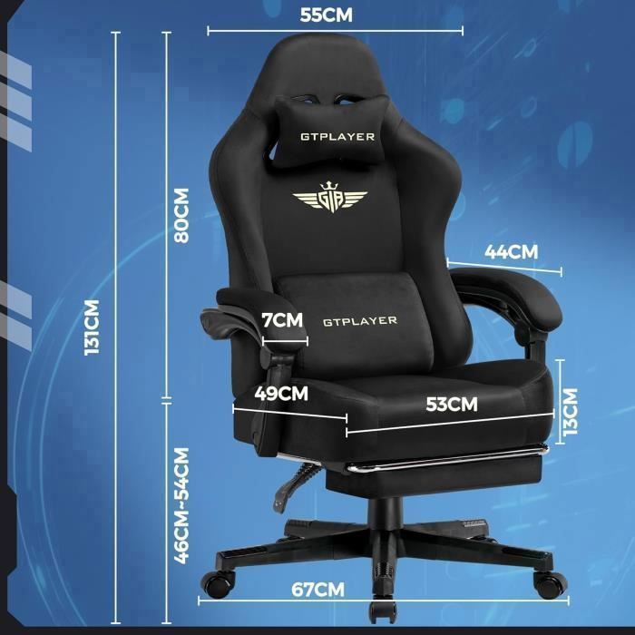 Chaise de Gaming - Respirante - Ergonomique - Tissu de qualité supérieure -Noir