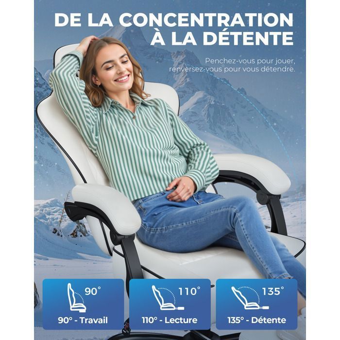 Silla gaming ergonómica, sincronizada, reposabrazos ajustables, cojines lumbares/para la cabeza, asiento de tela gruesa - Blanca