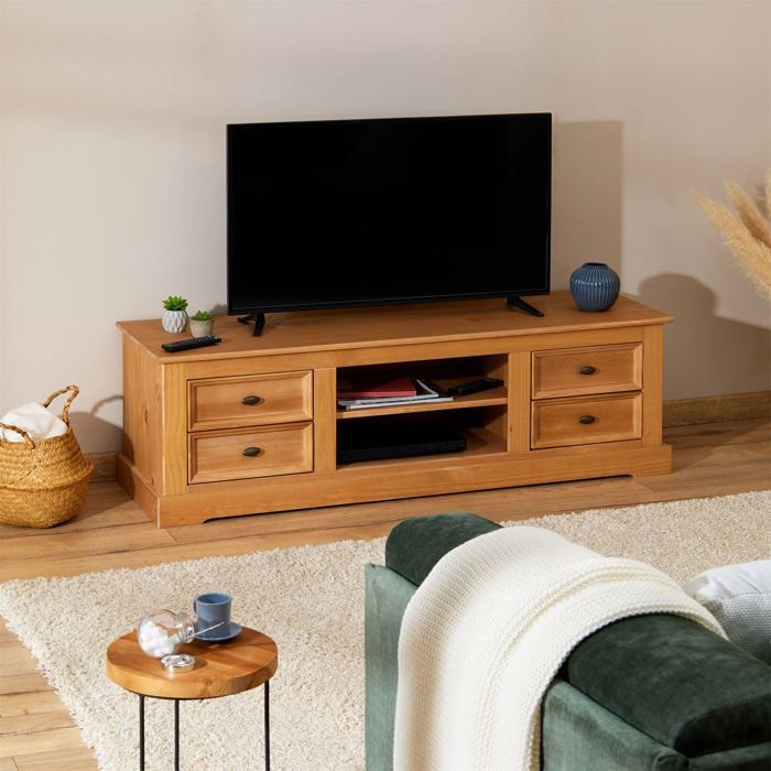 Mueble para TV KENT, banco para TV de pino macizo con acabado encerado, 144 x 46 x 45 cm, con 4 cajones y 2 estantes.
