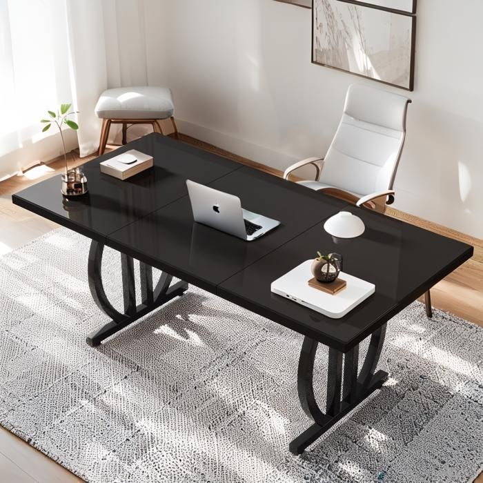 Mesa de comedor - 160×80×75 cm. Mesa de cocina - rectangular con estructura metálica - apta para 6 personas - negra.