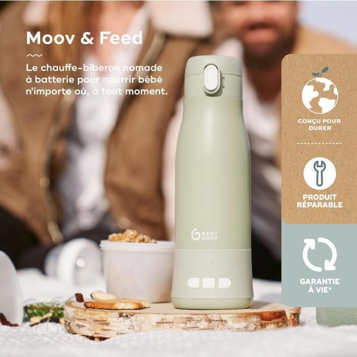 Babymoov Chauffe-biberons nomade Moov&Feed - Capacité 340ml - Température réglable - Maintien chaud, Vert Sauge