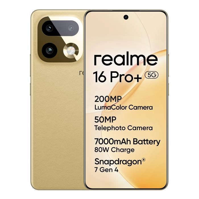 realme 16 Pro+ 5G Smartphone 12+512 GB, Fotocamera da 200MP LumaColor, 7000mAh Batteria, Ricarica SuperVOOC 80W, IP69K, Oro