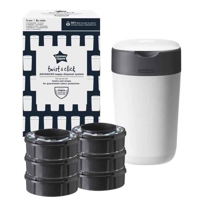 Tommee Tippee - Nappy Bin - Twist & Click Kit - Pack of 6 Refills - Antibacterial Multi-Layer Film - White