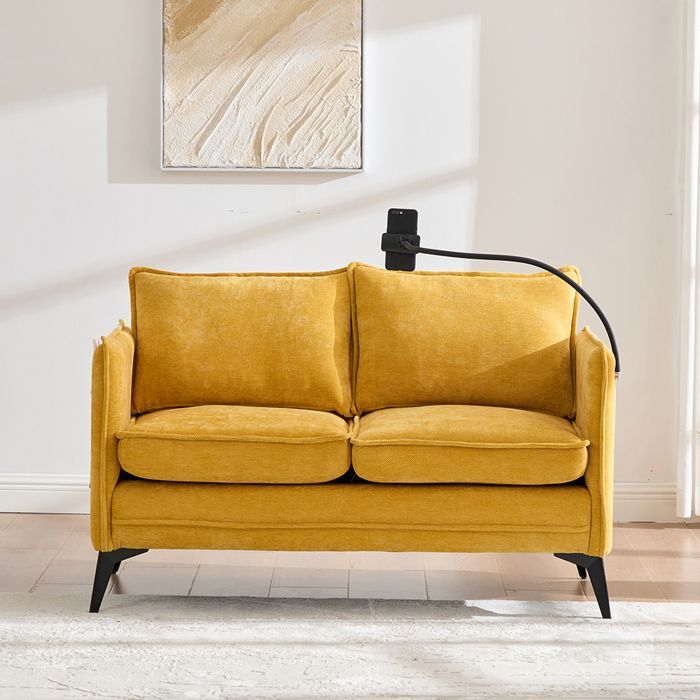 Modern 2-seater sofa, armchair with storage and phone holder for living room or bedroom, yellow