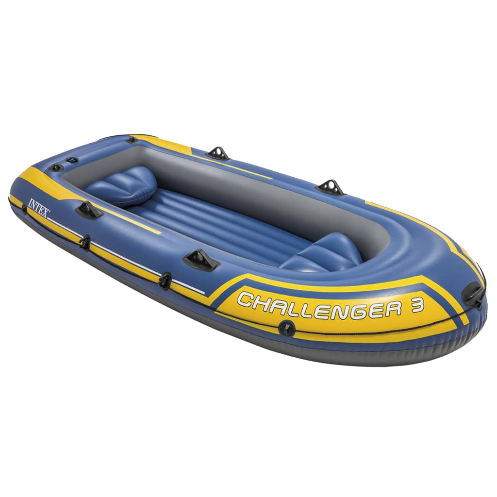 Barco inflável Intex Challenger 3 com motor de reboque e suporte.