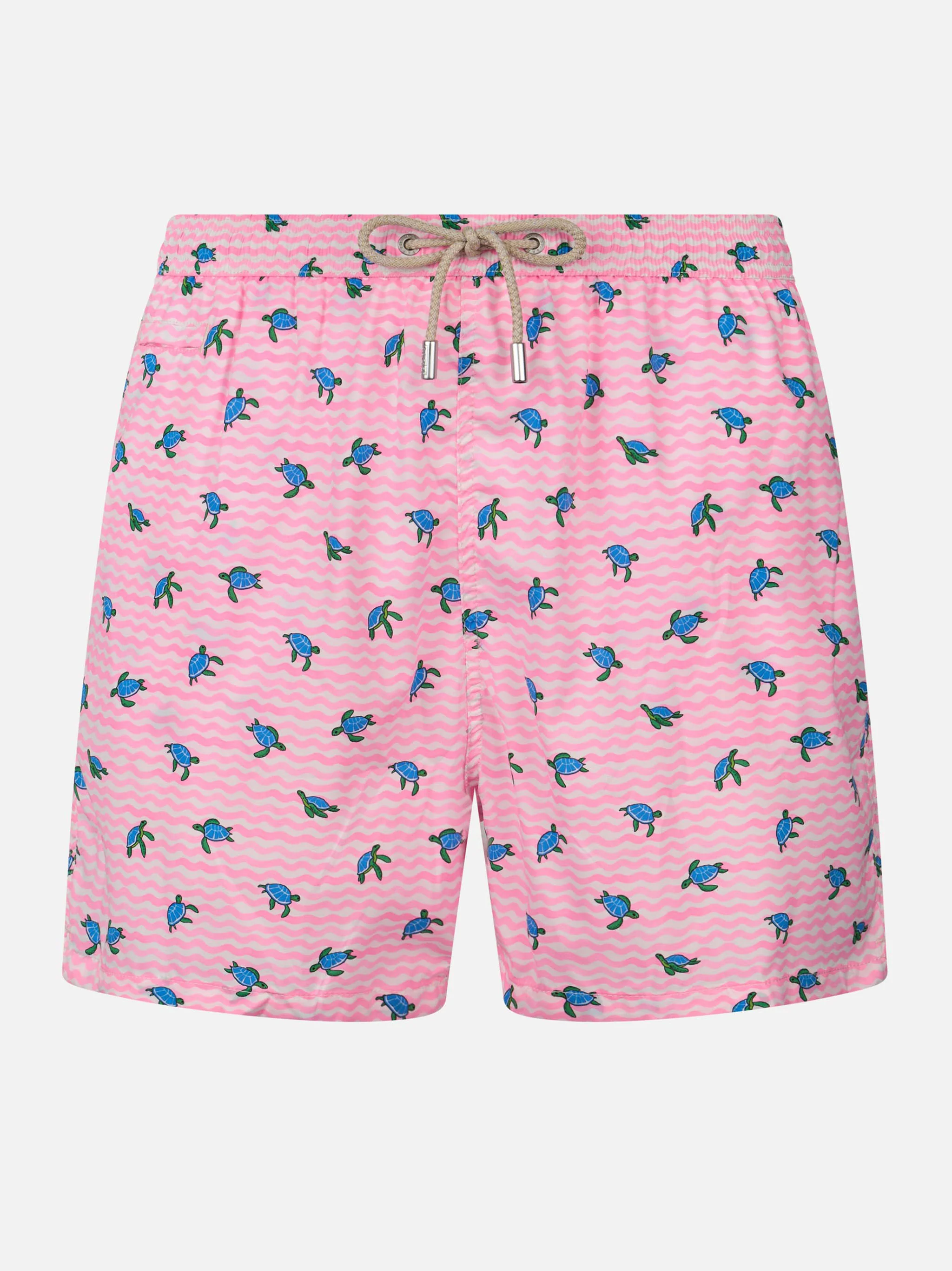 Comfortabele en lichte zwembroek met print van groene zeeschildpadden en roze golven | Relaxte pasvorm, sneldrogende stretchstof | Elastische tailleband | MC2 Saint Barth