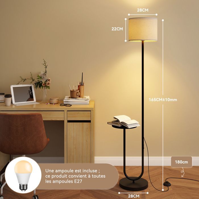 Lámpara de pie para salón con bombilla E27, pantalla y estante, 165 cm, ideal para dormitorio. Color negro.