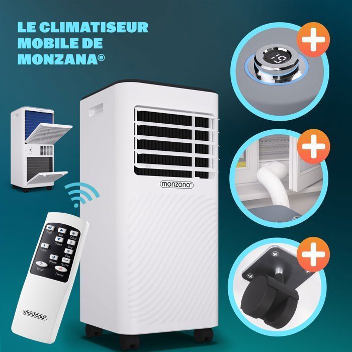 Climatiseur mobile MONZANA® MZKA2000 Tuyau d'évacuation 7000 BTU 4in1 750W 24h Timer Déshumidificateur Kit volet roulant