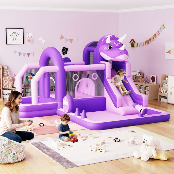 Castillo hinchable gigante de dinosaurio de 382x375x254 cm - Con tobogán y soplador incluidos - Para jardín e interior - Morado