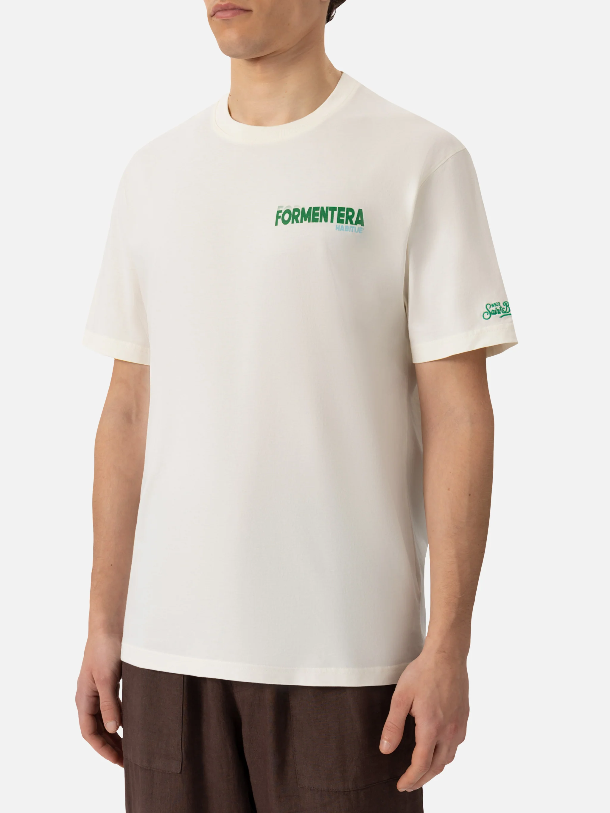 T-shirt voor heren van biologisch katoen met een ansichtkaartprint van Formentera.