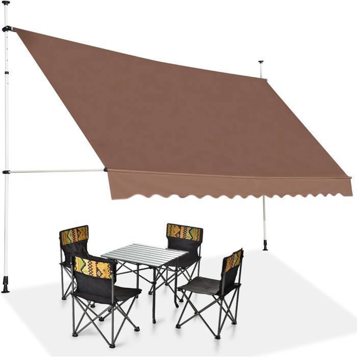 GIANTEX 4M Handmatig uitschuifbaar zonnescherm, balkon-/terrasluifel zonder boren, verstelbare hoogte 2-3M (Bruin, 3,5x1,2M)