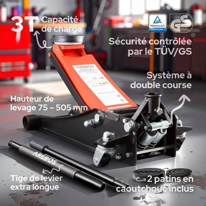 3T hydraulic jack – double lifting, extra-flat 75 mm, robust with rubber pads