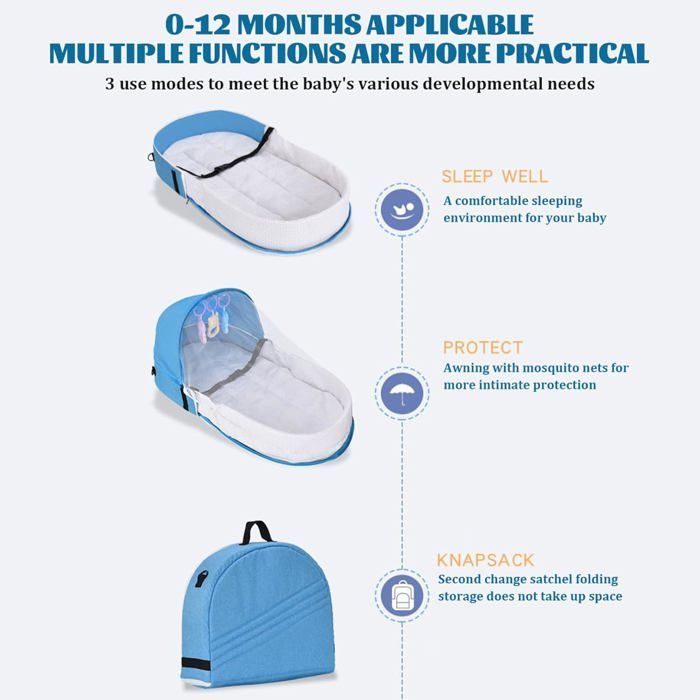 Cuna de viaje para bebé, cuna de viaje plegable portátil con tienda de campaña y cuarto infantil desmontables y lavables, color azul.