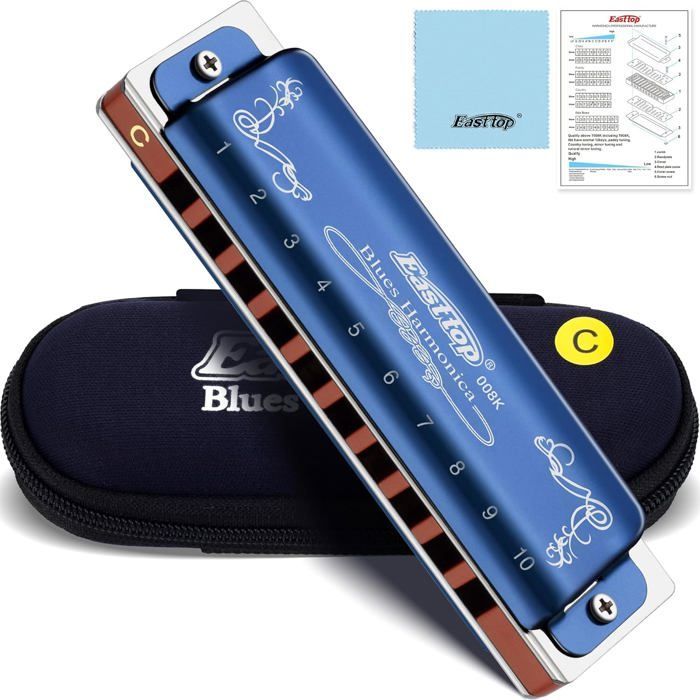 Diatonische mondharmonica - GESTEMPELD - 20 tonen - T008K - C-toonaard - 10,2 x 2,7 x 1,9 cm - 80 g - Metaal en hout - Blues