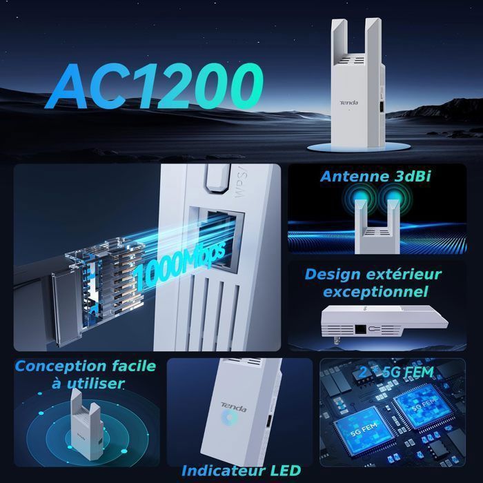 Tenda Répéteur WiFi Puissant A18 Pro, Amplificateur AC1200 Mbps(2.4GHz/5GHz), Port Ethernet Gigabit, Couverture jusqu’à 150 m²