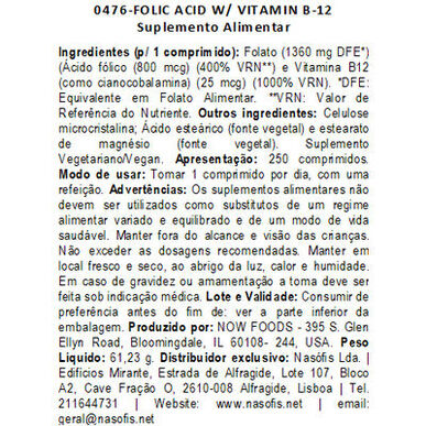 Now Folna kiselina 800 mcg Tablete vitamina B-12 Rast majčinog tkiva 250 tableta 250 tableta