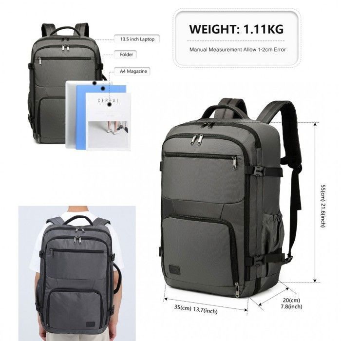 Sac a Dos 55x35x20cm Grande Capacité Sacs à Dos Voyage Bagage à Main pour Ordinateur Portable Sac de Cabine pour Easyjet, Gris