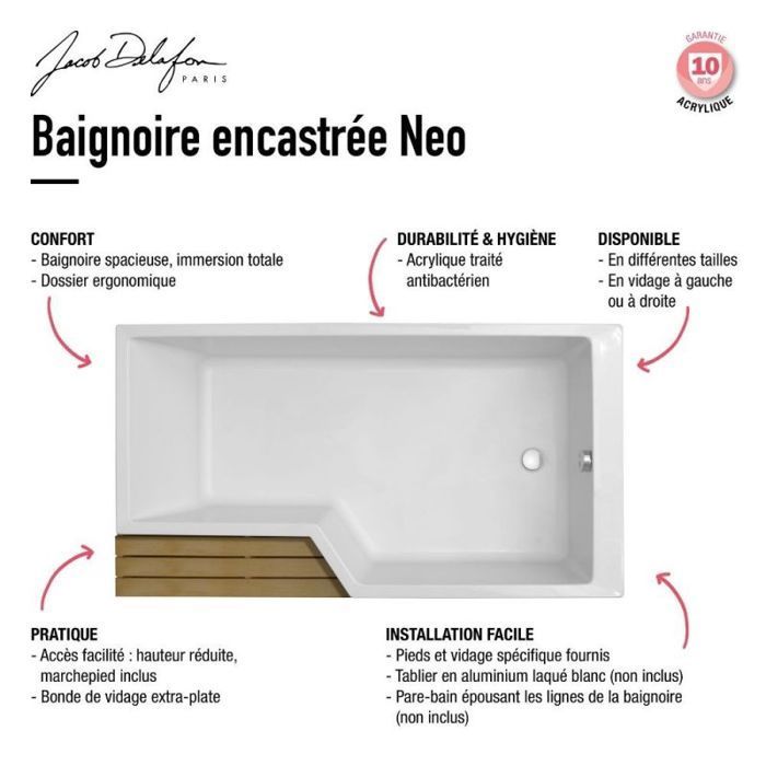 Bañera/ducha/bañera JACOB DELAFON Neo de 160 x 90 cm, color blanco brillante, para zurdos.