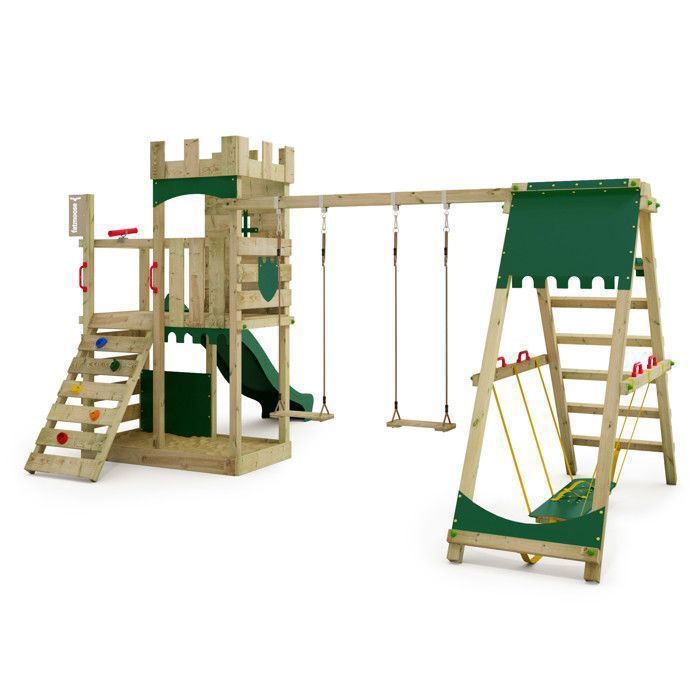 Tour de jeux bois FATMOOSE BoldBaron XXL avec SurfSwing, toboggan 220 cm vert et mur d’escalade – 10 ans de garantie*