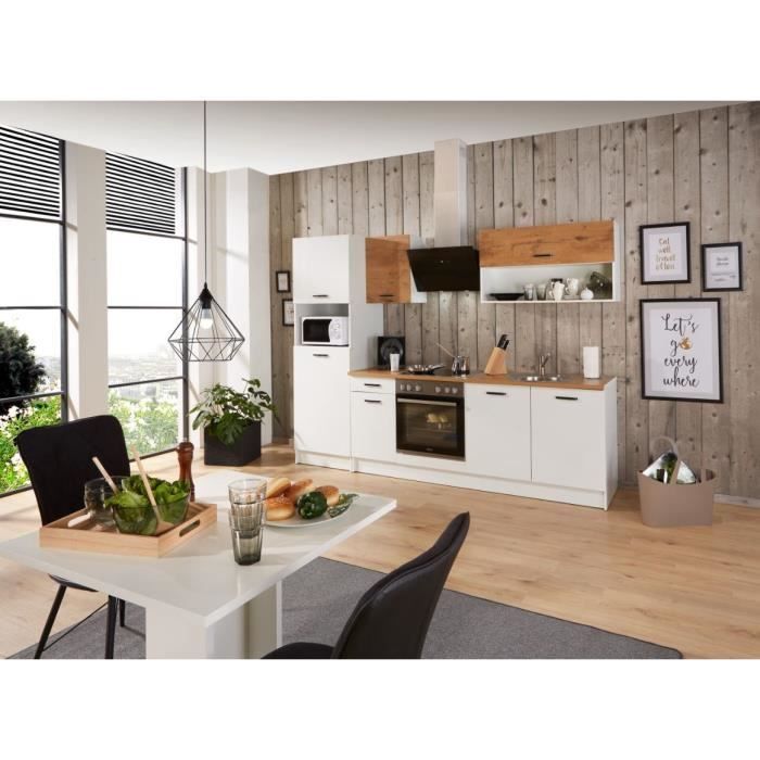Cuisine complète PREGO - L 263 cm - Décor Blanc et Chêne - Plan de travail 203 cm inclus