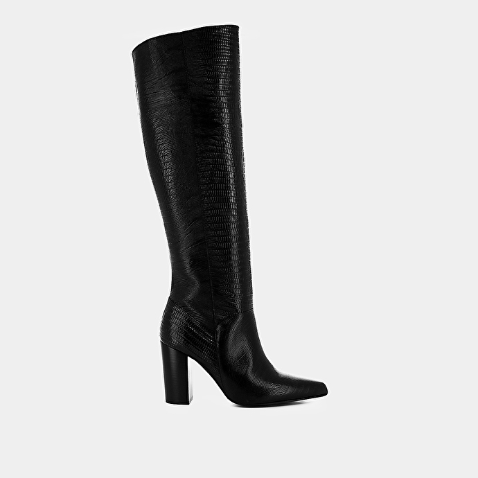 Bottes hautes à talons et bouts pointus  en cuir reptile noir