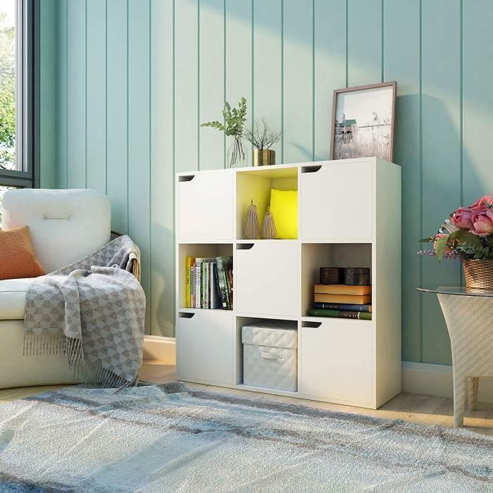 Étagère de rangement 9 Cubes Bibliothèque en Bois Armoire de Livres Armoire de Rangement,Bureau,Style Moderne, Blanc-MONDEER