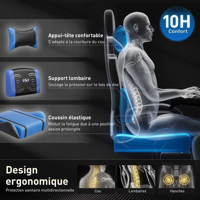 ECOFURNIX Fauteuil de Bureau Massant, Fauteuil Gaming Réglable avec Coussin de Massage Lombaire et Repose-Pieds, Noir et Bleu