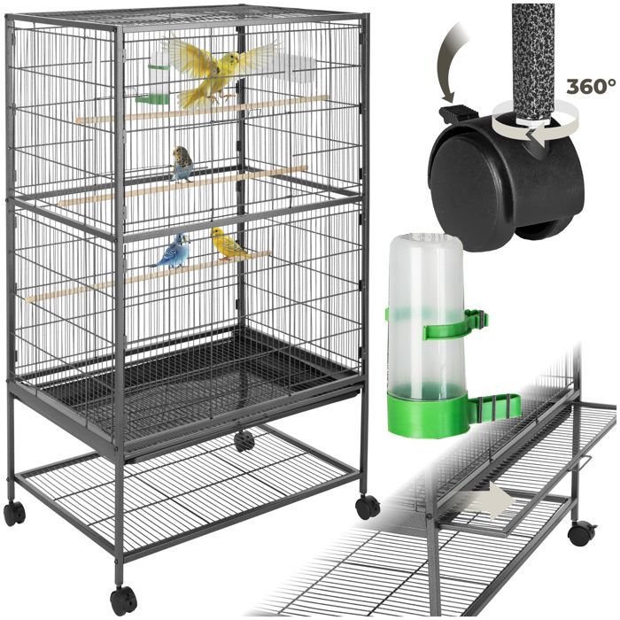 Cage à oiseaux - TECTAKE - Volière à roulettes PAPAGENO 78 x 52 x 131 cm en acier avec 1 mangeoire et 3 perchoirs