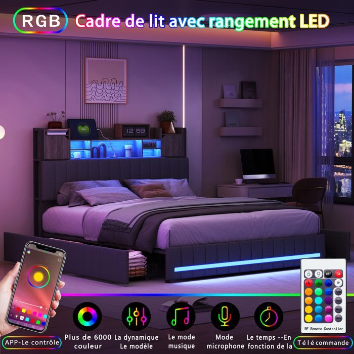 LED Lit avec Rangement 140x190– 4 Tiroirs – Lin – Lit Capitonné avec USB & Type C – Lit Double avec Sommier– Lit Adulte/Ado – Gris