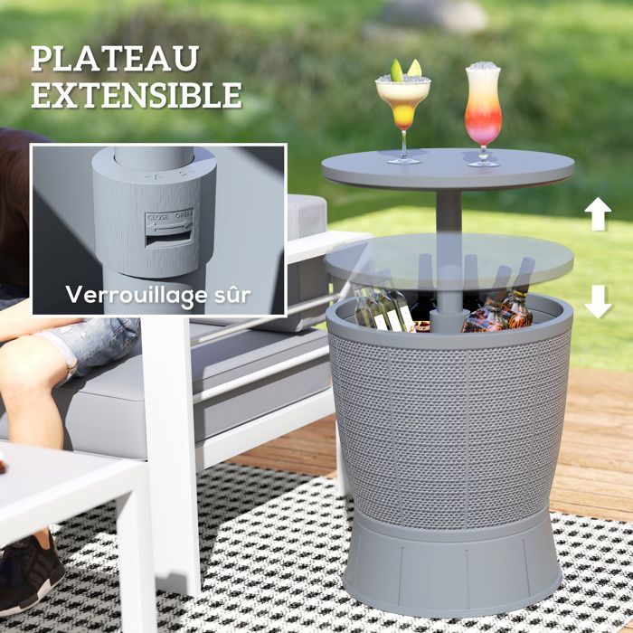 Tavolino con secchiello per il ghiaccio 3 in 1 Outsunny - con vassoio telescopico - per birra, vino, giardino - Ø 49 x 58-84 cm - Grigio