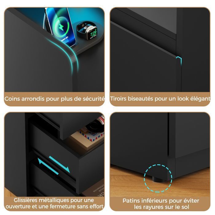 Lot de 2 Table de Chevet 40×35×68cm, 3 Tiroirs, 2 USB Ports et 2 Prises, LED Réglable, Moderne, Scandinave, Noir