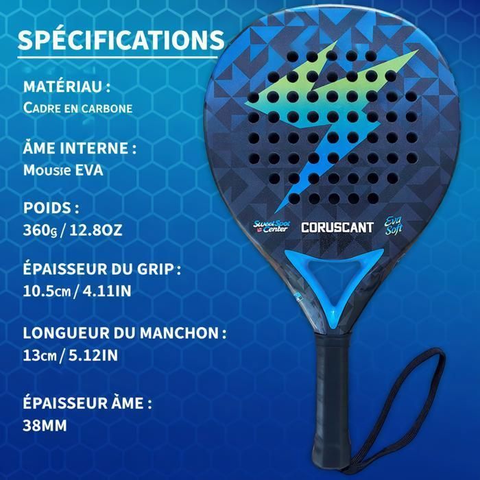 Racchetta da padel – CORUSCANT - Fibra di carbonio, superficie sabbiata - Schiuma EVA morbida - Controllo preciso e comfort - Forma rotonda - 360 g