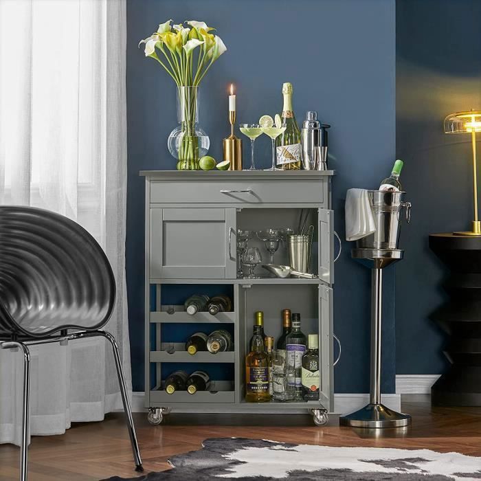 Carrito de cocina SoBuy con ruedas, cajones y botellero, mueble de cocina compacto, encimera de madera gris, 67x86x38 cm