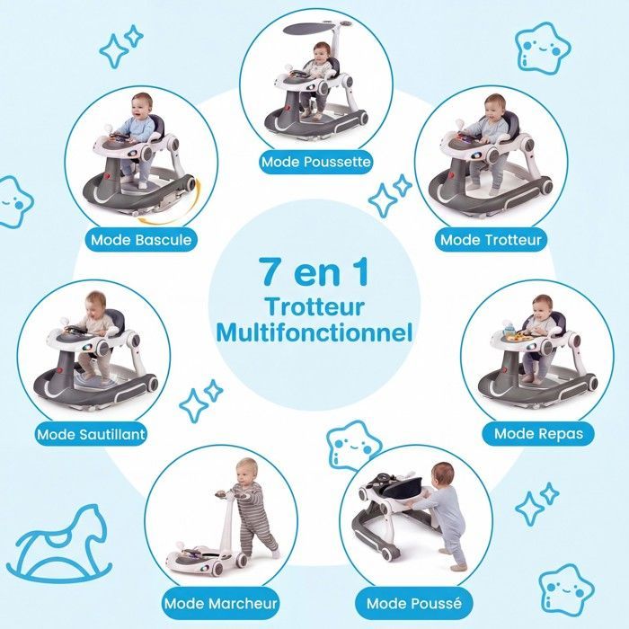 Andador convertible para bebé COSTWAY 7 en 1 - Altura y velocidad ajustables - Luces y música - Asiento extraíble y antivuelco - Gris y blanco
